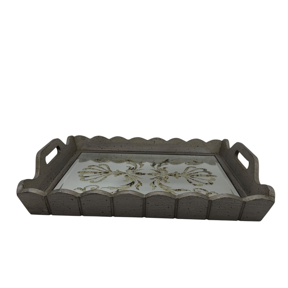 Decorative‎ Mirrored Serving Tray Gray Wood Gold Scroll Accent Handles - Picture 4 of 10